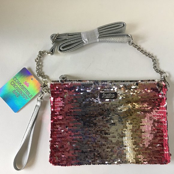 NEW Justice Girl Purse Convertible Crossbody Bag Wristlet Flip Sequin Ombre Pink - Picture 1 of 14